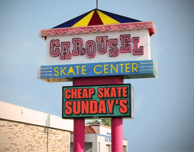 FLEX outdoor LED sign at Carousel Skate in Wichita, KS.