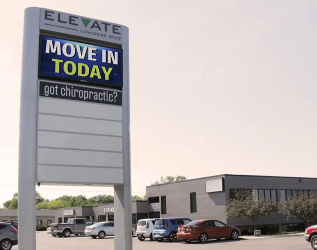 FLEX outdoor LED sign at Elevate Coworking Space in Wichita, KS.