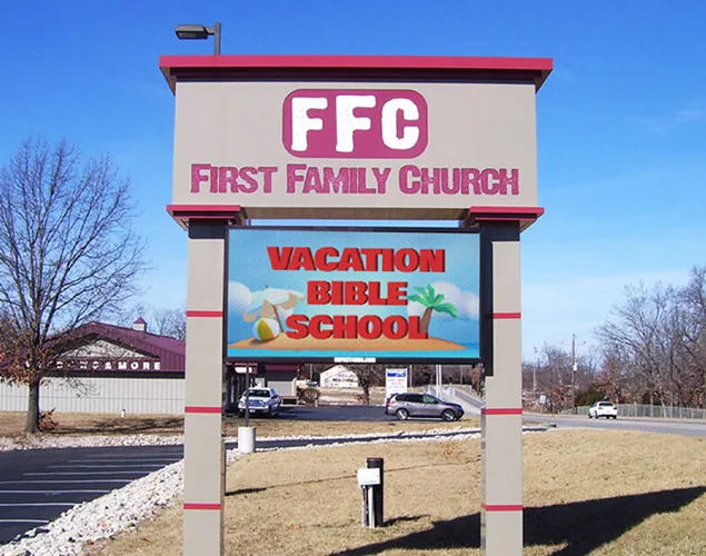 FLEX outdoor LED sign at First Family Church in Osage Beach, MO.