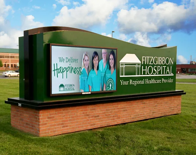 FLEX outdoor LED sign at Fitzgibbon Hospital in Marshall, MO.