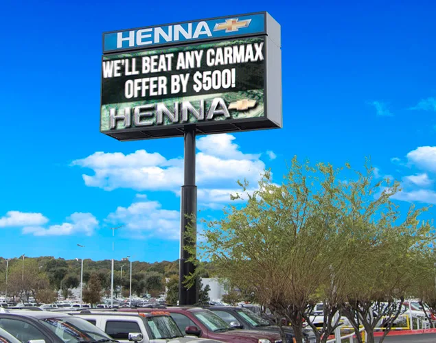 FLEX outdoor LED sign at Henna Chevrolet in Austin, TX.