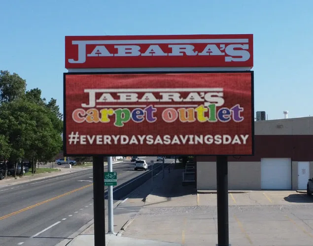 FLEX outdoor LED sign at Jabaras Carpet Outlet in Wichita, KS.
