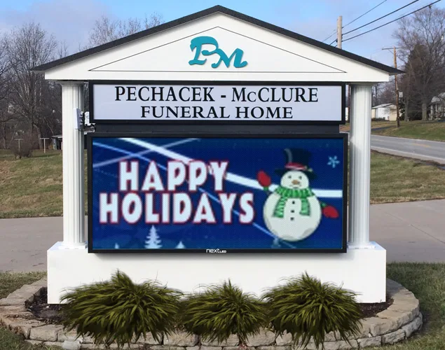 FLEX outdoor LED sign at Pechacek Funeral Home in Chester, IL.