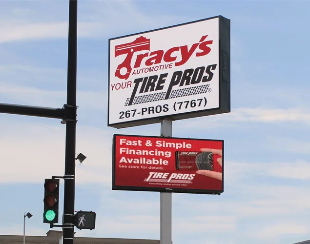 FLEX outdoor LED sign at Tracy's Automotive Downtown in Wichita, KS.