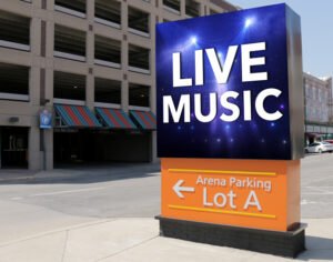 LED sign displaying LIVE MUSIC in large white letters on a blue background above an Arena Parking Lot A directional panel.