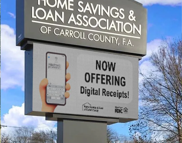 ONYX outdoor LED sign at Home Savings & Loan Association of Carroll County FA in Norborne, MO.
