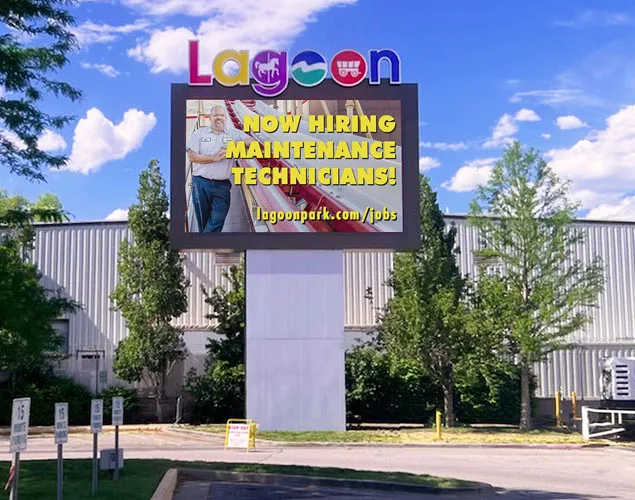 STAX outdoor LED sign at Lagoon Amusement Park in Farmington, UT.