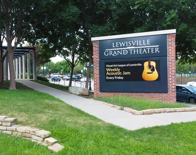 STAX outdoor LED sign at Lewisville Grand Theatre in Lewisville, TX.