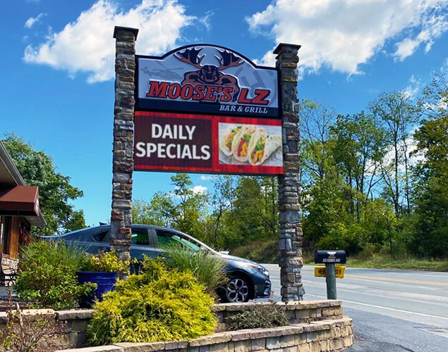 STAX outdoor LED sign at Moose's LZ Bar & Grill in Jonestown, PA.