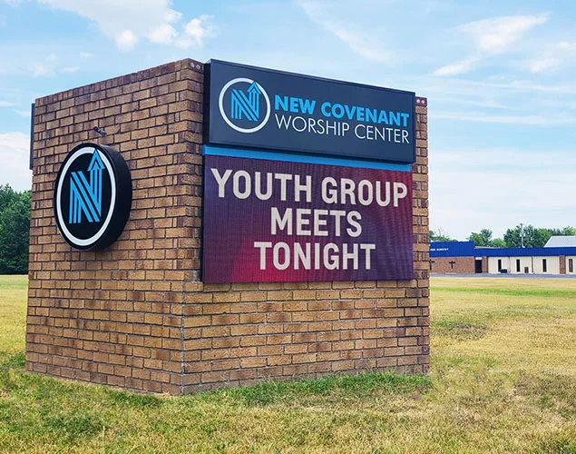 STAX outdoor LED sign at New Covenant Worship Center in Paragould, AR.