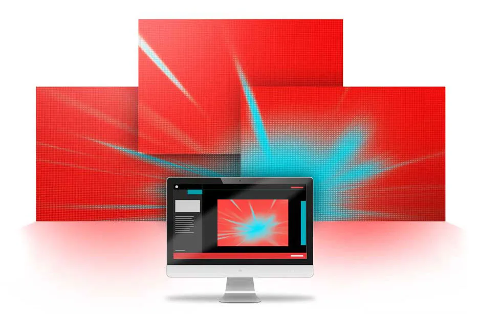 A computer monitor displays a digital image with red and blue abstract light effects, matching three large red screens with similar designs in the background.