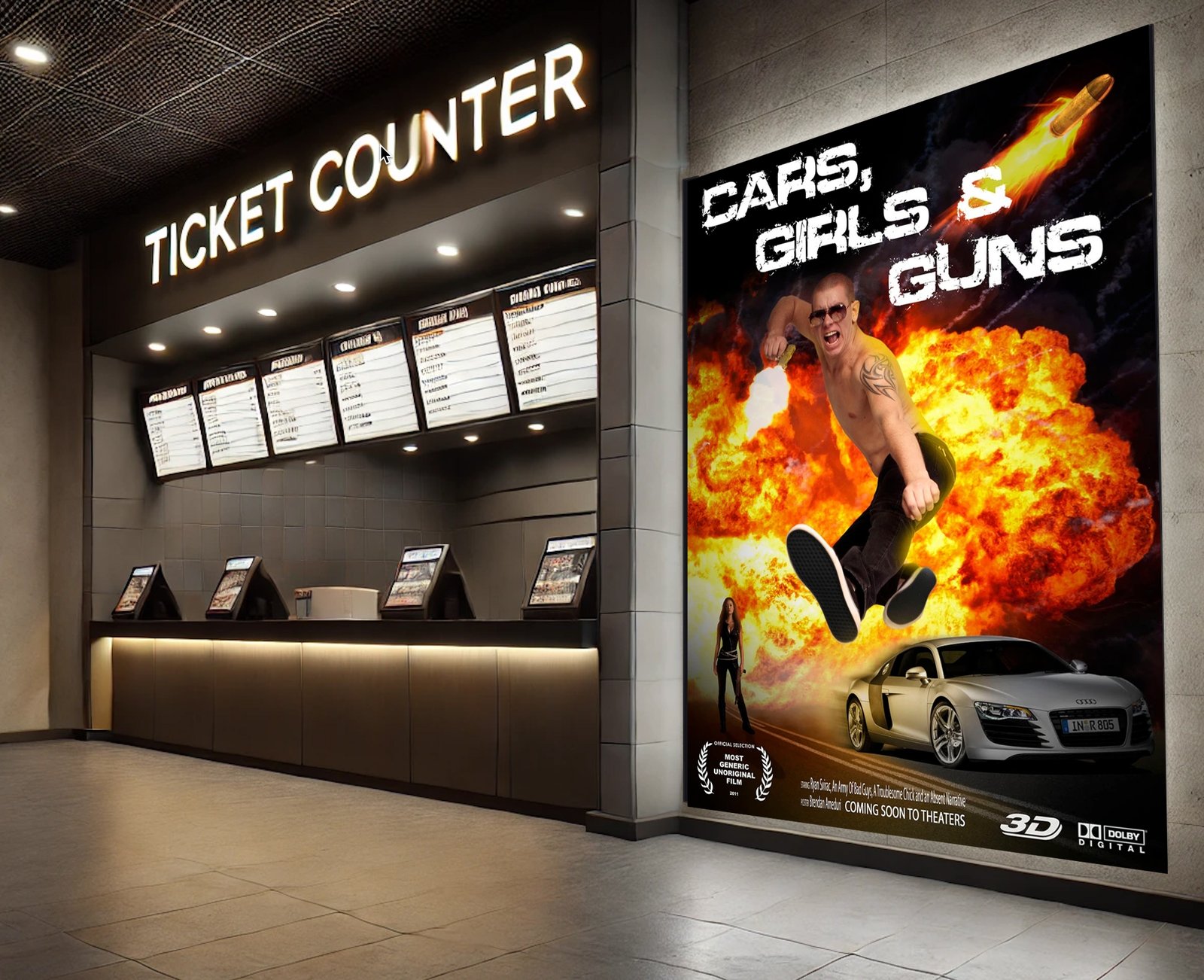 Illustrated cinema ticket counter beside a large illuminated movie poster showing an action-film promotion.