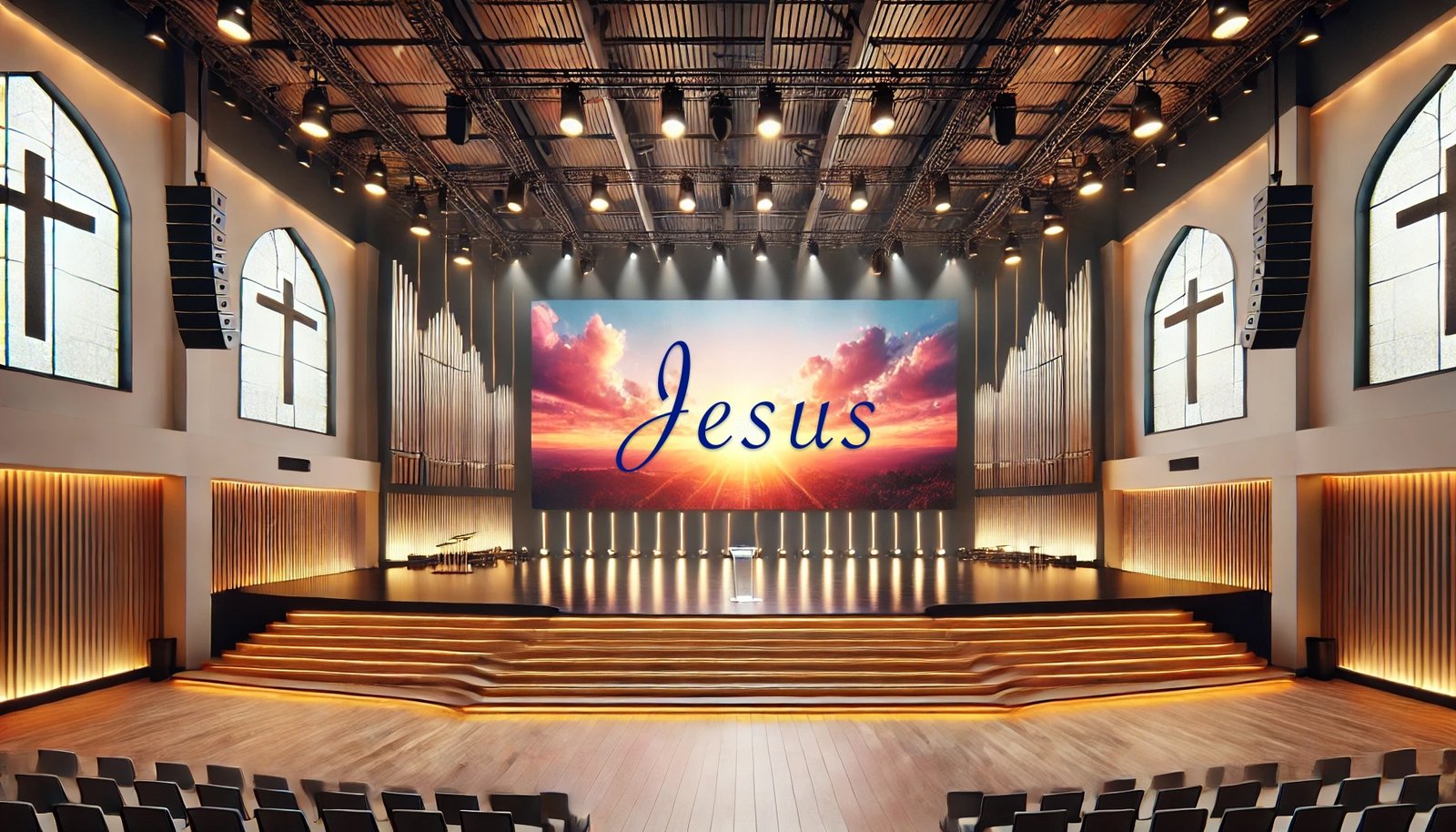 Concept illustration of a church sanctuary with a large LED display showing Jesus above the platform, with pews, windows, and hanging lights.