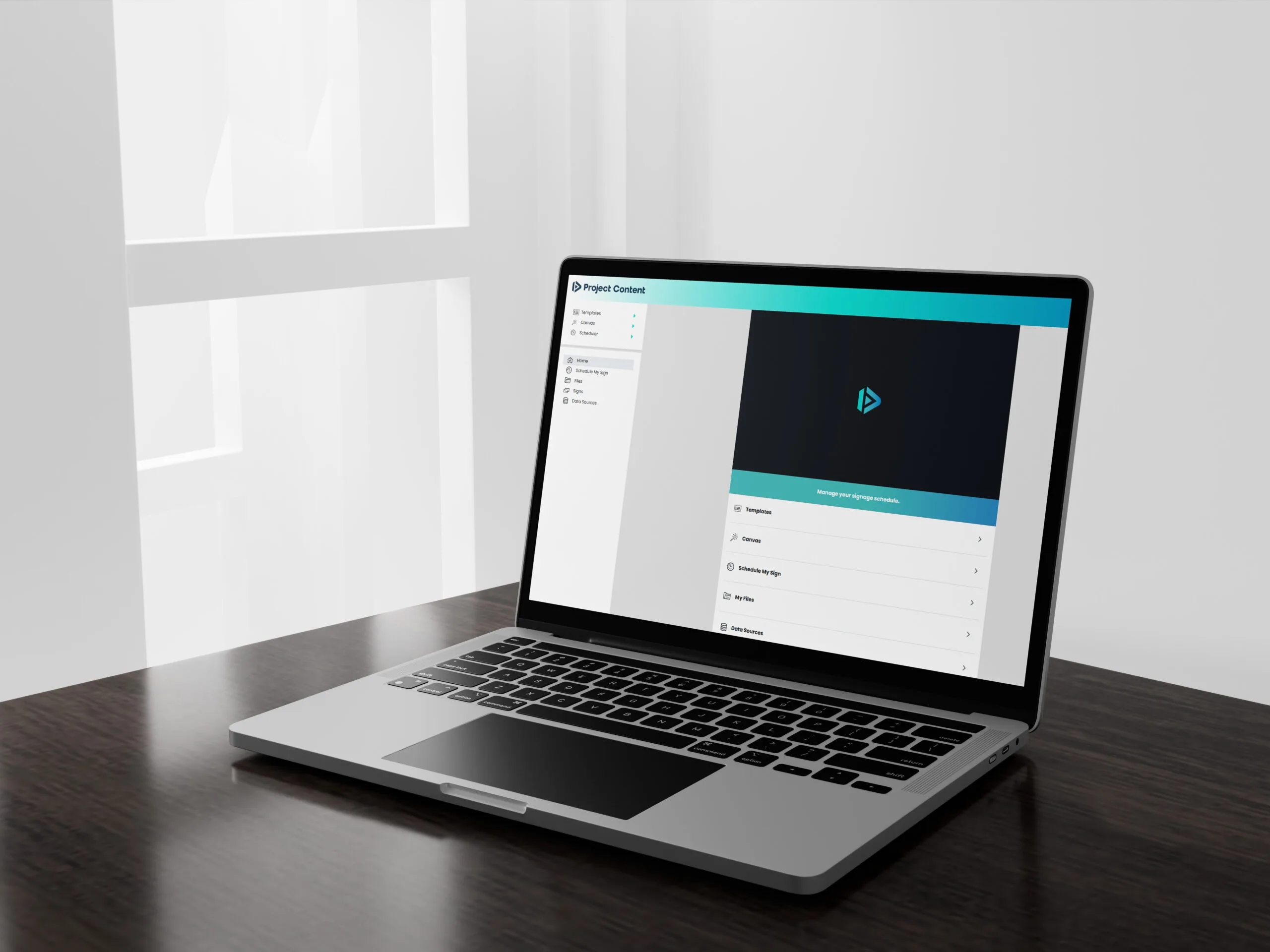 Laptop displaying Project Content software for managing LED sign content and schedules.