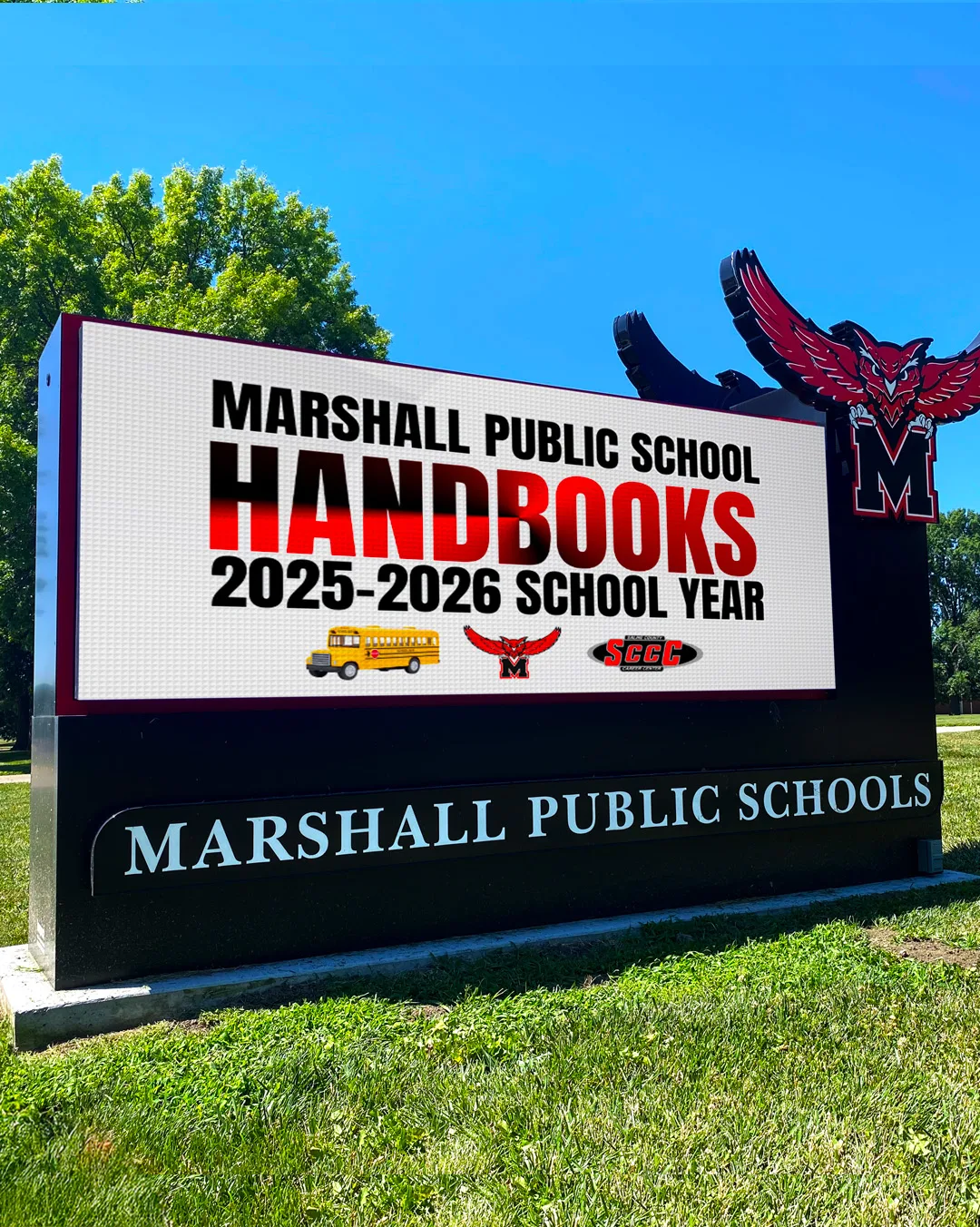 STAX outdoor LED monument sign at Marshall Public Schools in Marshall, MO.