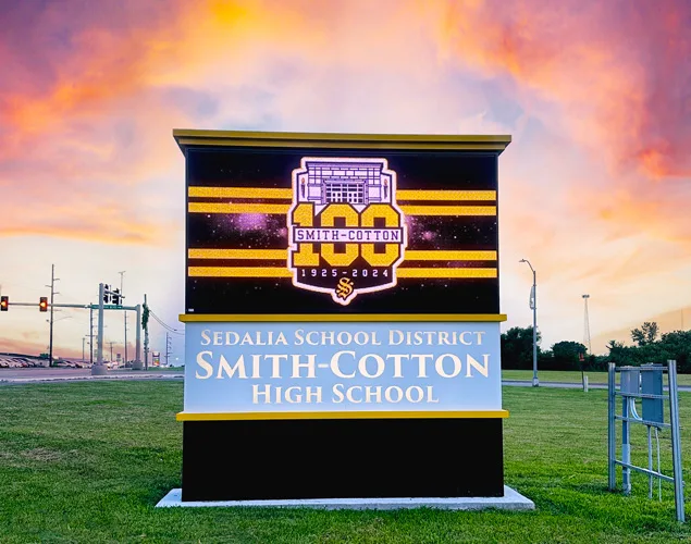 STAX outdoor LED monument sign at Smith-Cotton High School in Sedalia, MO.