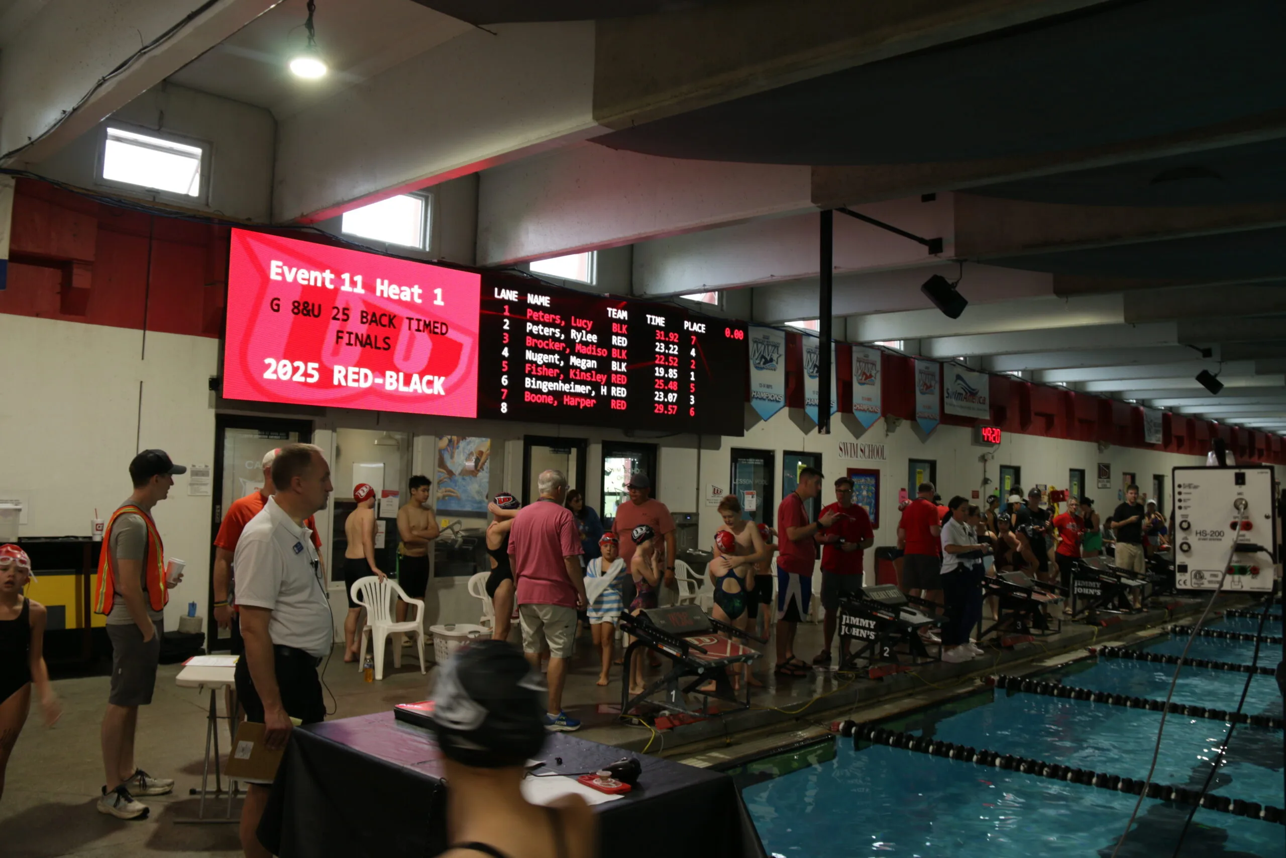 Wichita Swim Club video board showing race information during a swim meet.