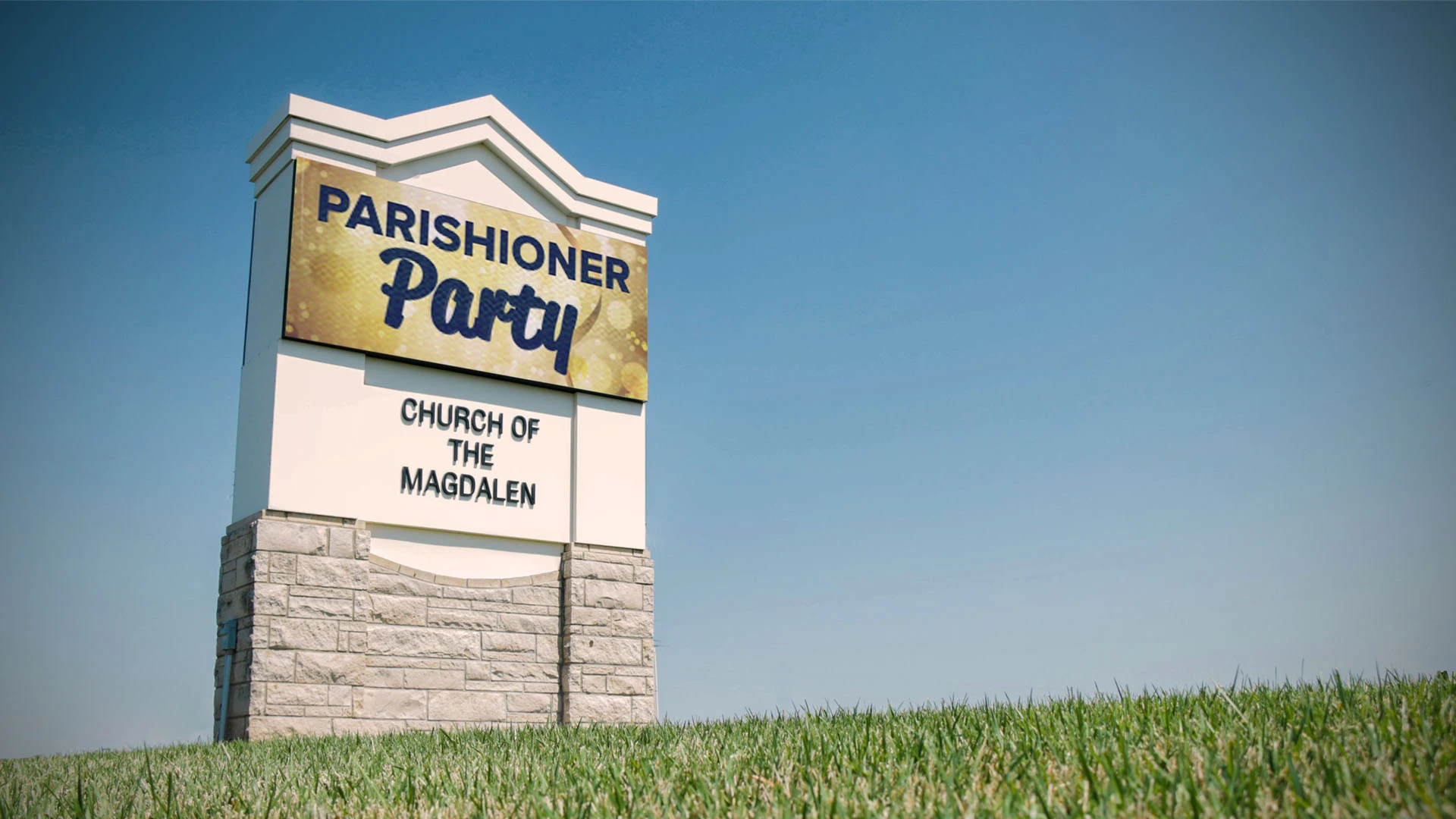 outdoor LED monument sign at Church of the Magdalen in Wichita, KS.