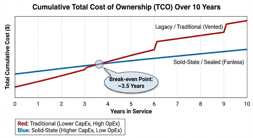 Line graph shows 10-year total ownership cost: traditional sign (red) vs. solid-state LED (blue); break-even at 3.5 years.