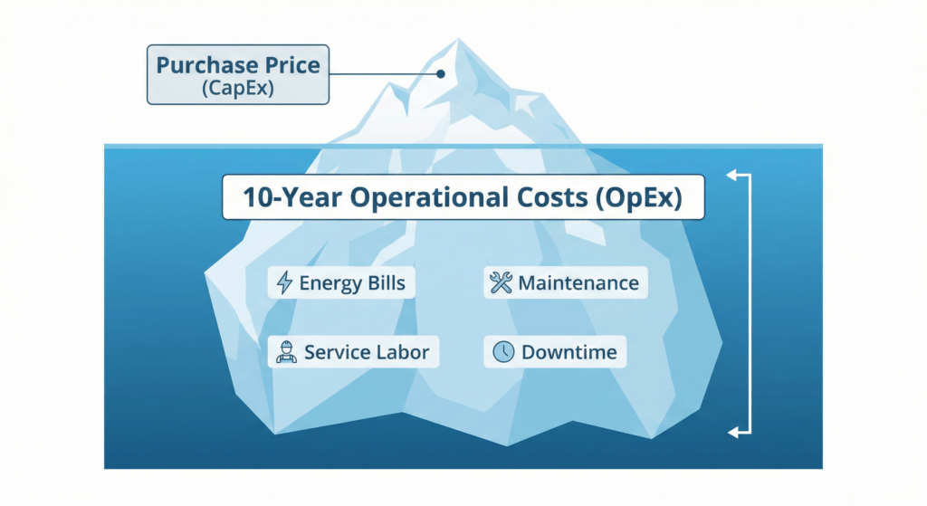Diagram of an iceberg with LED sign CapEx above water; OpEx below lists energy, service, maintenance, and downtime costs.