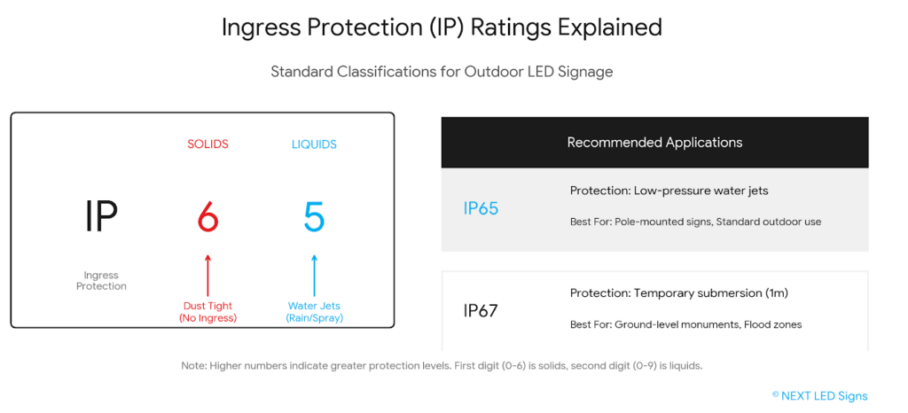 Diagram detailing IP ratings for electronic message centers; IP65 (outdoor, dust/water jets), IP67 (submersible). Higher = more protection.