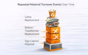 Infographic of orange boxes illustrating waste from lamp and ballast swaps and aluminum sign cabinet disposal; recycle bin icon atop stack.