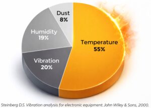 Pie chart for LED sign failures: Temperature 55% (with heat effect), Vibration 20%, Humidity 19%, Dust 8%. Steinberg, 2000.