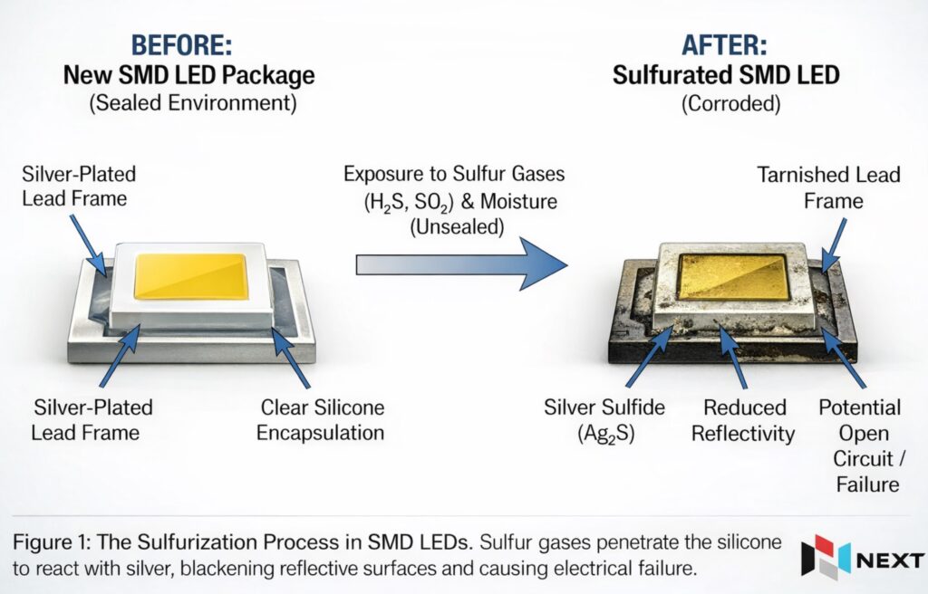 Diagram shows a new solid-state SMD LED sign module with silver frame vs. corroded EMC LED from sulfur and moisture exposure.