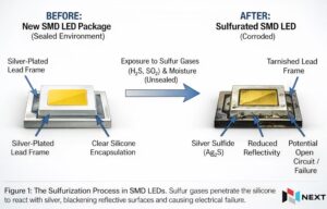 Diagram shows a new solid-state SMD LED sign module with silver frame vs. corroded EMC LED from sulfur and moisture exposure.