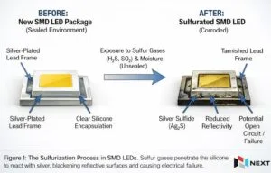 Diagram shows a new solid-state SMD LED sign module with silver frame vs. corroded EMC LED from sulfur and moisture exposure.