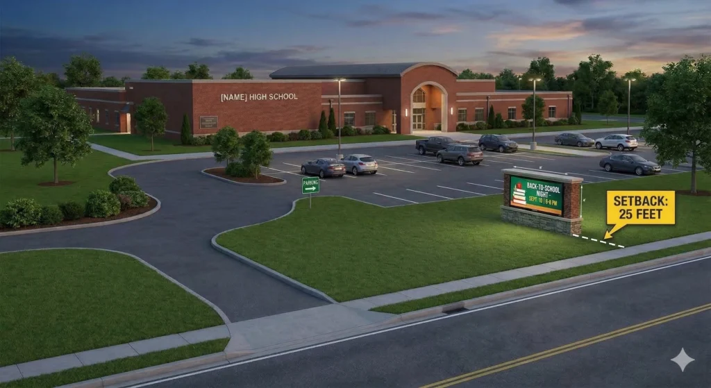 Brick high school with parking lot, cars, and aluminum LED message center at entrance displaying “Setback: 25 feet,” trees and grass surrounding.