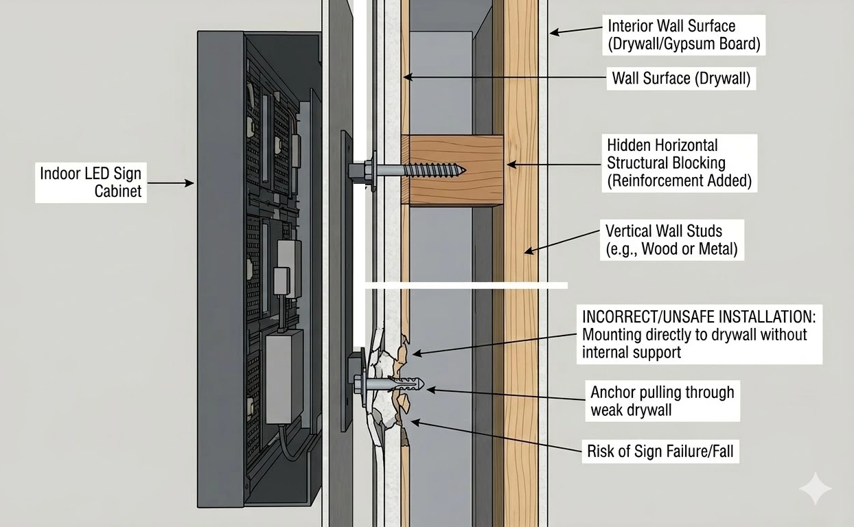 Diagram of indoor electronic message center installation on wall, showing secure mounting to studs or blocking vs. unsafe drywall anchoring.