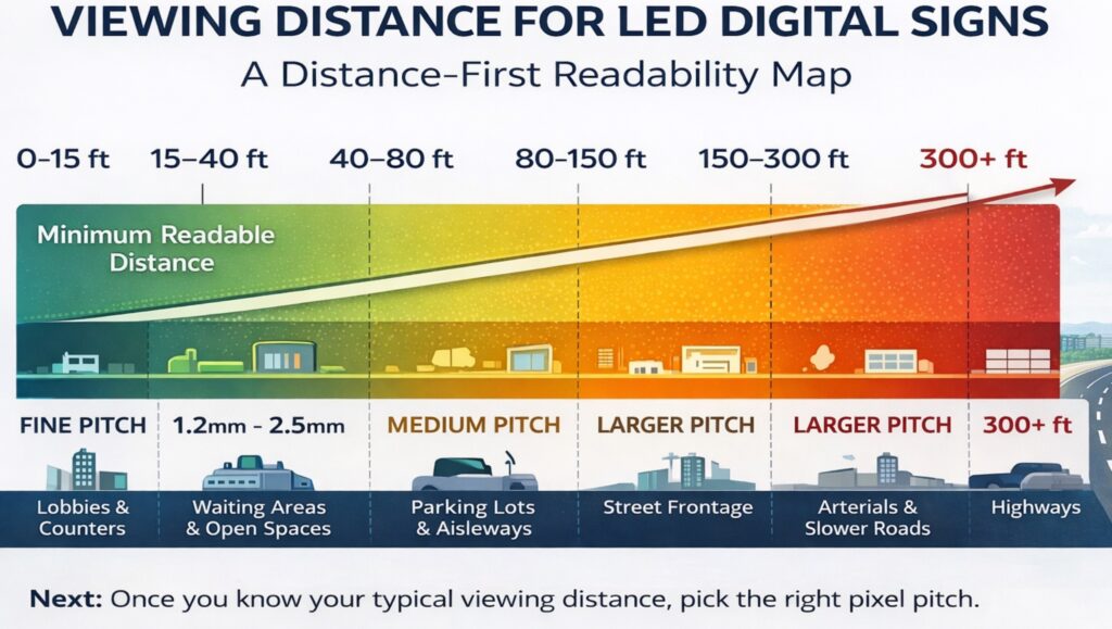 Infographic displays optimal LED sign pixel pitch for electronic message centers by viewing distance, with locations and distance arrow.