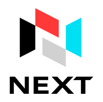 Electronic message center logo: four geometric shapes form an abstract N in black, red, gray, and cyan above bold NEXT on light.