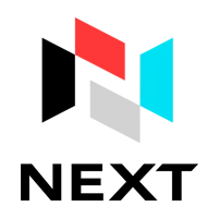 Electronic message center logo: four geometric shapes form an abstract N in black, red, gray, and cyan above bold NEXT on light.