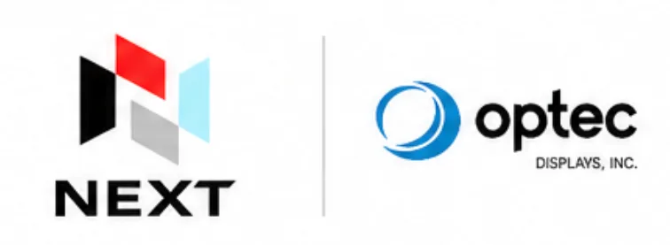NEXT logo with red, black, gray, and blue geometric shapes next to Optec Displays LED sign logo: blue circle and black text.