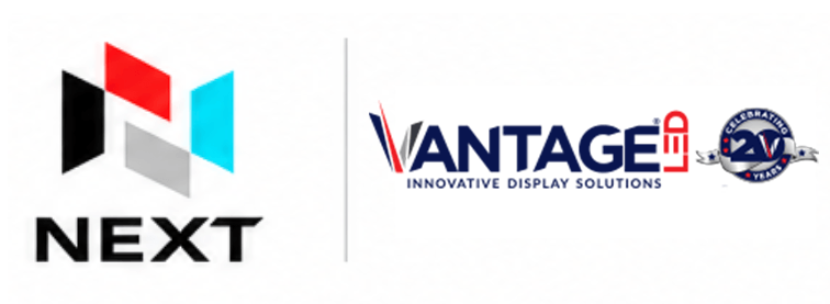 NEXT logo with geometric shapes in black, red, grey, blue beside Vantage LED sign logo, "Innovative Display Solutions," 20th anniversary badge.