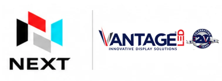 NEXT logo with geometric shapes in black, red, grey, blue beside Vantage LED sign logo, "Innovative Display Solutions," 20th anniversary badge.
