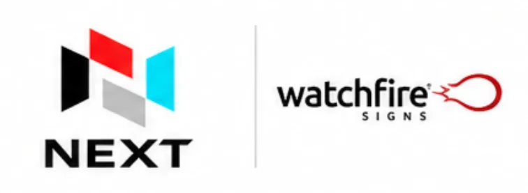 NEXT logo with geometric shapes on left, divided by a line from Watchfire SIGNS LED sign logo featuring a red flame graphic on right.