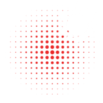 LED sign display with a large red dot matrix circle, dots larger at center, white sun icon at top right, on light gray aluminum backdrop.