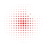 LED sign display with a large red dot matrix circle, dots larger at center, white sun icon at top right, on light gray aluminum backdrop.