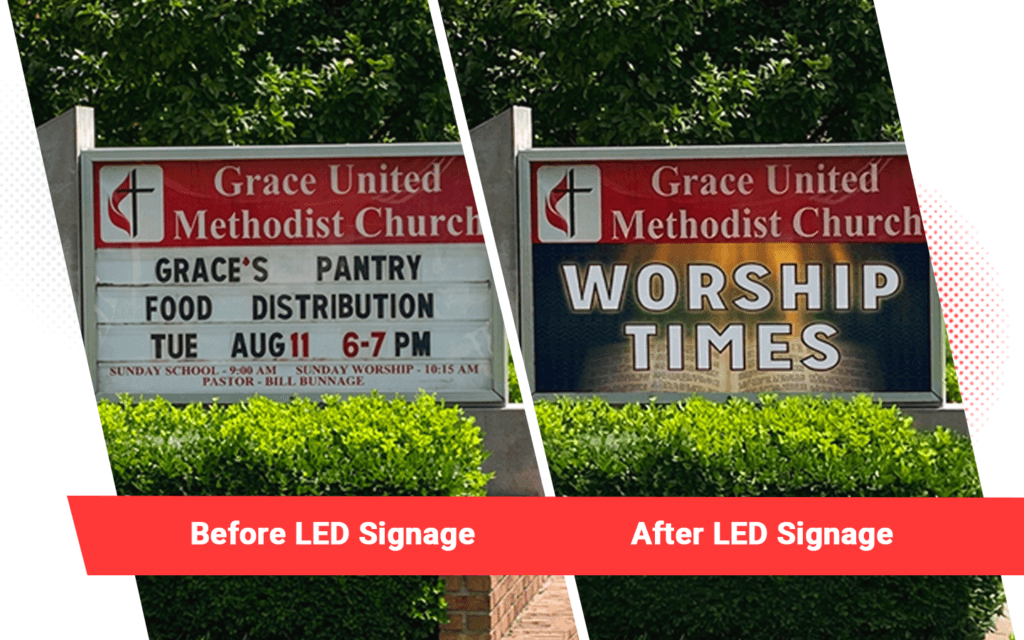 Side-by-side images show a traditional changeable letter sign and a high-brightness LED electronic message center displaying WORSHIP TIMES.