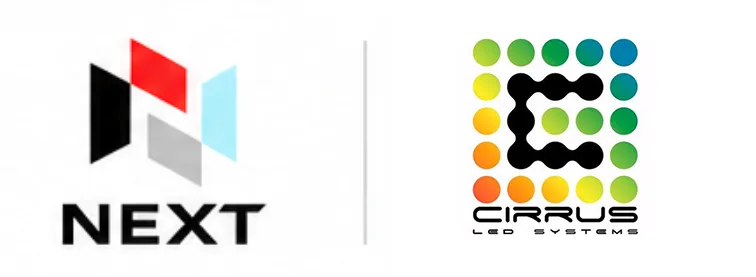 NEXT logo with a geometric, multicolored N above text, and CIRRUS LED SYSTEMS logo with a stylized C of bright circular LEDs.