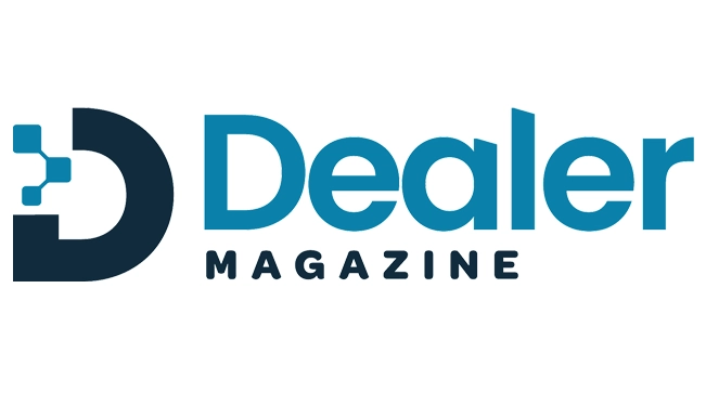 Dealer Magazine logo with LED-style dark blue D and pixel squares, bold teal and dark blue text, mimicking electronic signage.