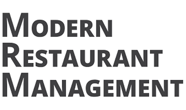 LED sign displaying "Modern Restaurant Management" stacked vertically, each word in high-brightness bold capitals.