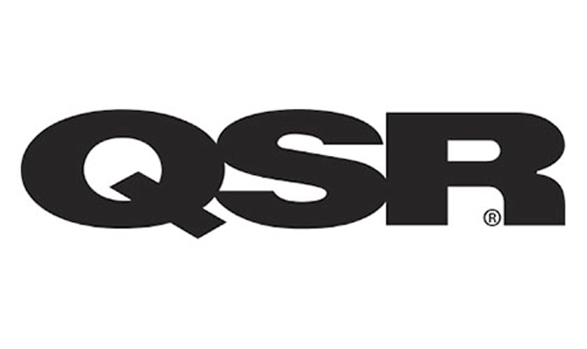 Black QSR logo in thick, uppercase letters with registered trademark on white background, styled like a high-contrast LED sign.