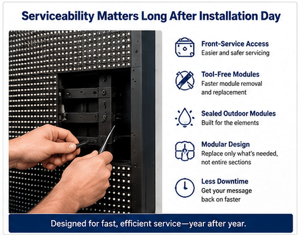 Technician’s hands service an LED sign panel; text notes front access, tool-free solid-state modules, sealed outdoor design, less downtime.