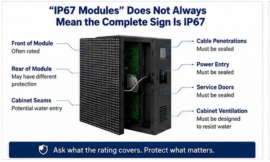 Diagram of LED sign module highlights water entry risks at seams, cable, power, service doors; IP67 does not ensure complete protection.