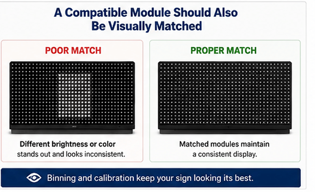 Two electronic message centers: left LED sign labeled Poor Match with uneven brightness, right labeled Proper Match with uniform display.