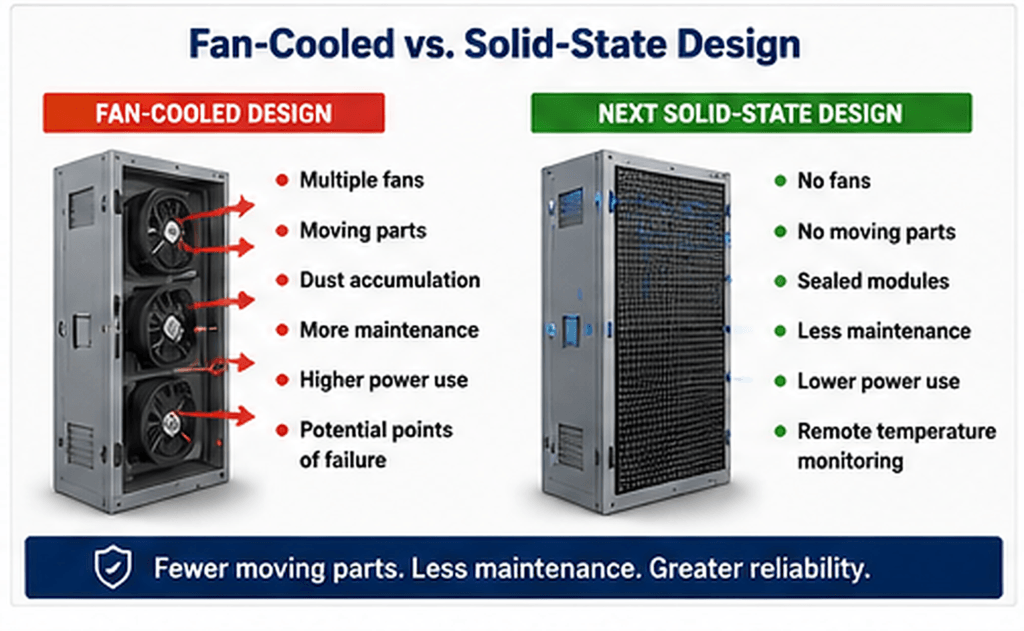 LED sign cabinet comparison: fan-cooled with multiple fans and dust issues vs solid-state, high-brightness, no fans, lower power.